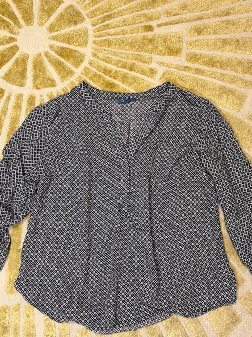 Women's Blue and White Blouse Work Professional Office Casual Fleur Wood Medium